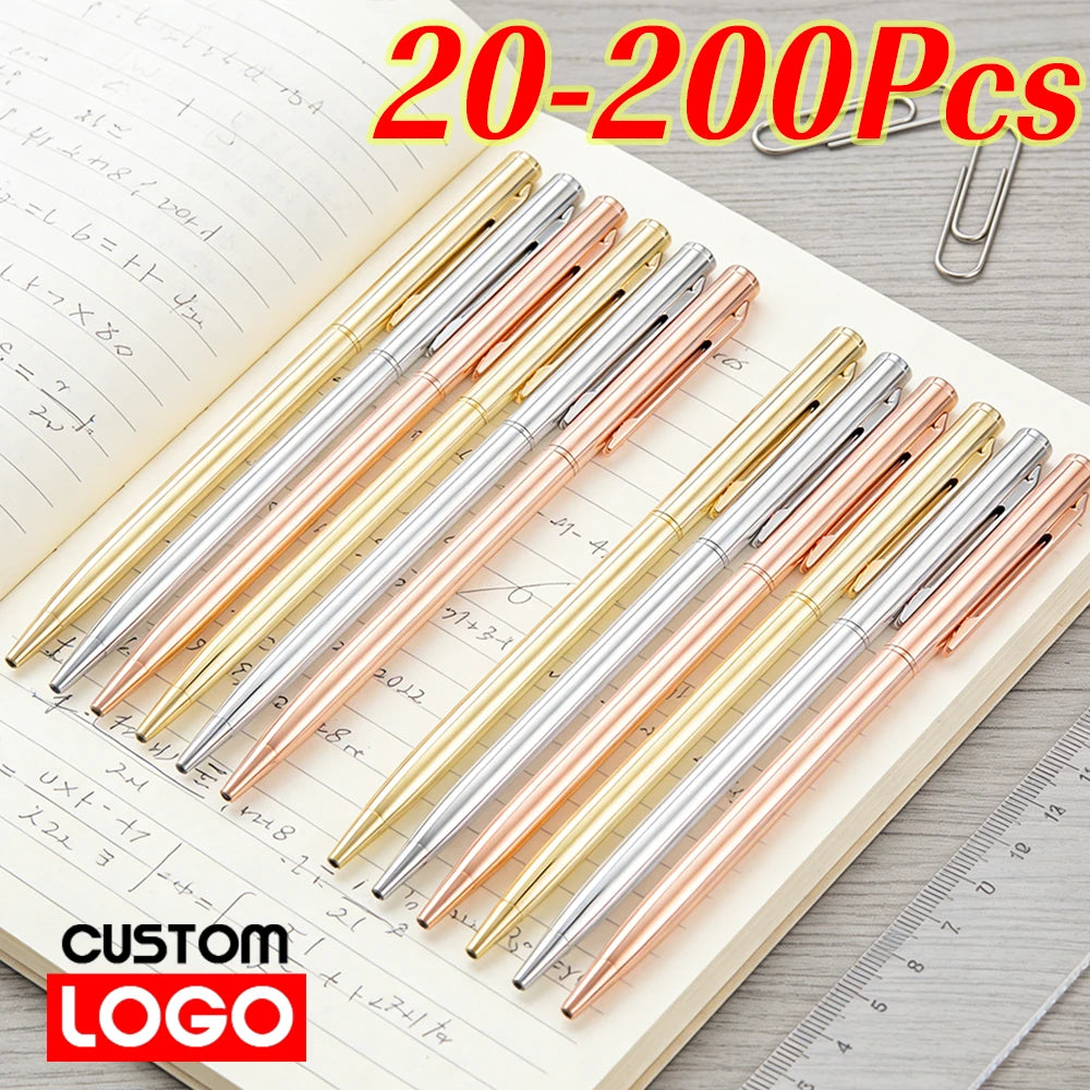20-200 Pens Slim Metallic Ballpoint Pen Custom Logo Rose Gold Metal Pens Set for Business Office School Supplies