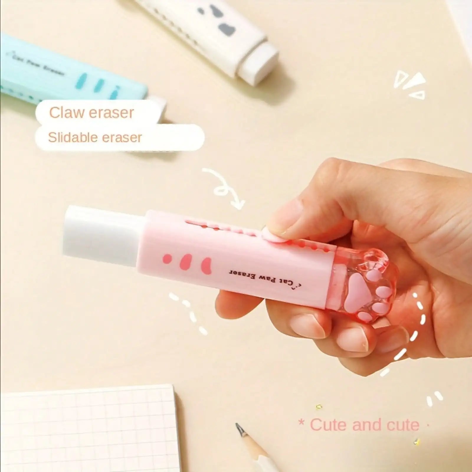 Push-Pull Paw Cute Eraser Girls, Pencil Eraser Students, Rubber Cartoon Pen Eraser, School Supplies, Prizes, Office Eraser